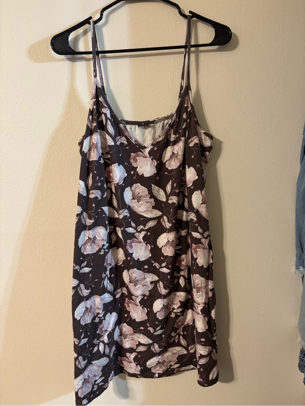 Spaghetti Strap Floral Slip Mini Dress in Dark Brown and Blush